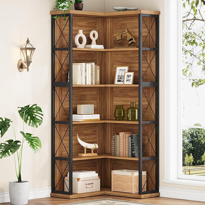 Condemo 5-Tier L Shaped Bookshelf, Vintage Industrial Corner Bookcase, Large Tall Storage Shelves Display Rack with Metal Frame for Living Room, Home Office, Bedroom, Light Brown