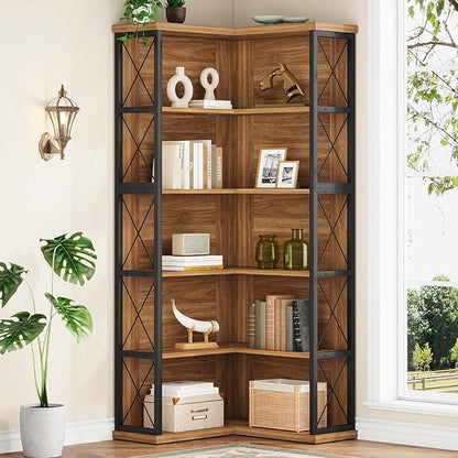 Condemo 5-Tier L Shaped Bookshelf, Vintage Industrial Corner Bookcase, Large Tall Storage Shelves Display Rack with Metal Frame for Living Room, Home Office, Bedroom, Light Brown