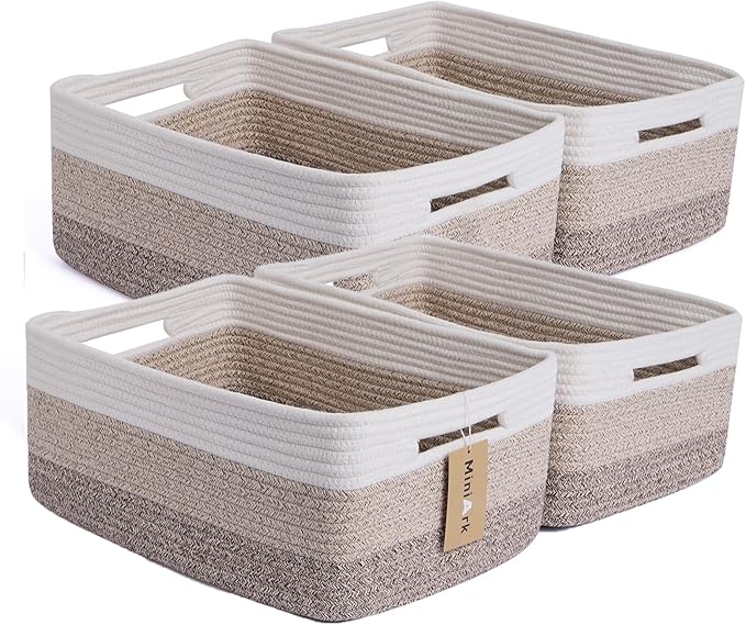 MiniArk Large Storage Baskets for Organizing, Closet Shelf Baskets for Clothes Blanket Towels, Baby Nursery, Toy Bins Box, Woven Rope Baskets, 17 x 13 x 7.5”, 4 Packs Gradient Brown