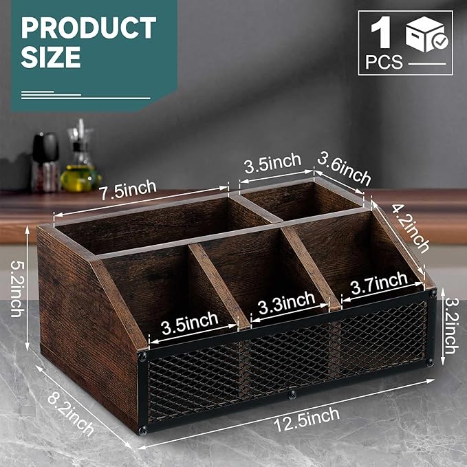 Yalikop Coffee Station Organizer for Countertop, All in One No Assembly Wood Coffee Creamer Bar Holder with Iron Mesh, Office Tea Bar Accessories Gift for New Home Birthday(Dark Brown,Classical)