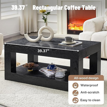 LKTART 39.37" Coffee Table with Storage, 2-Tier Mid Century Rectangular Accent Table with Thick Tabletop, Rustic Style Cocktail, Center Table for Living Room, Office, Apartment (Black)