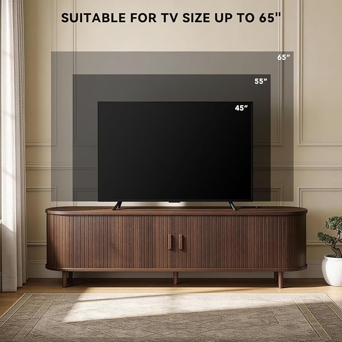 58" Mid Century Modern TV Stand with Power Outlet, Fluted Entertainment Center with Storage and Adjustable Shelves, Wood TV Console with Sliding Doors for Living Room, Walnut