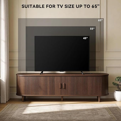 58" Mid Century Modern TV Stand with Power Outlet, Fluted Entertainment Center with Storage and Adjustable Shelves, Wood TV Console with Sliding Doors for Living Room, Walnut