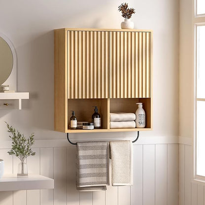 Fluted Wall Cabinet, Modern Medicine Cabinet Bathroom with Doors and Adjustable Shelf Towel Rack Wood Storage Cabinet for Kitchen Dining Room Living Room, Natural Oak