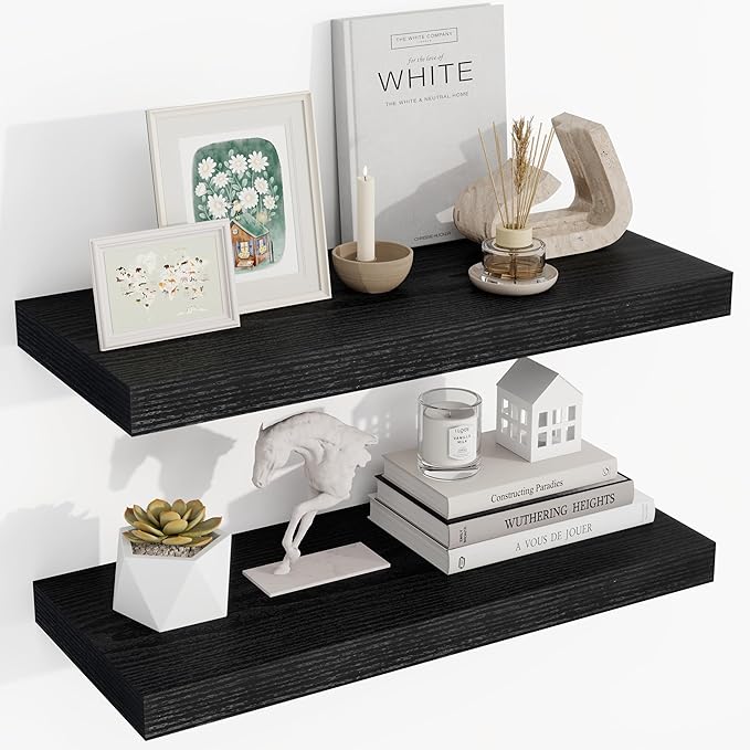 Acovy 24 Inch Floating Shelves, 24"x9.25"x1.5" Inch Deep Floating Shelves for Wall, Wooden Shelves for Bathroom, Bedroom, Living Room, Black, 2 Pieces