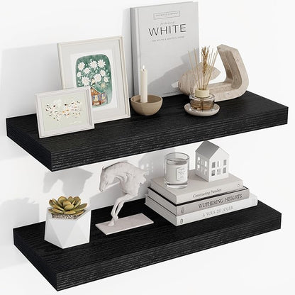 Acovy 24 Inch Floating Shelves, 24"x9.25"x1.5" Inch Deep Floating Shelves for Wall, Wooden Shelves for Bathroom, Bedroom, Living Room, Black, 2 Pieces