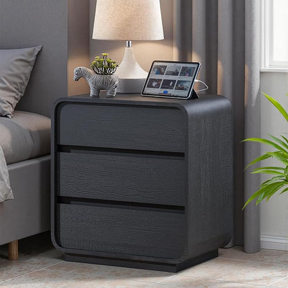 Modern Black Nightstand with Charging Station, 25" Tall Wood Bedside Table, End Table with 3 Storage Drawers, Curved Profile Night Stand for Bedroom, Dorm, Sofa, Office