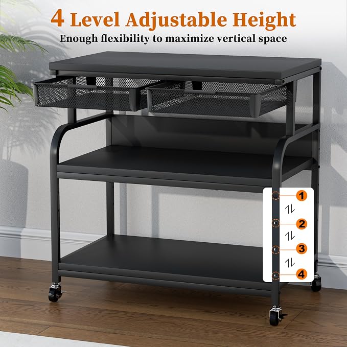 EasyCom 32.3"x18.9" Extra Large Printer Stand with Double Drawers, 5-Adjustable Heights 3 Tier Table with Wheels, Rolling Printer Cart with Storage for Printer Scanner Fax Home Office Use