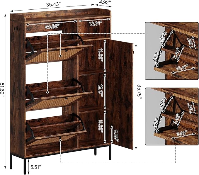 Rattan Wooden Shoe Cabinet, Freestanding 3-Flip Drawer Shoe Storage Organizer, Side Cabinet & Top Fence, Easy Assembly Shoe Rack for Entryway Hallway Living Room, Brown