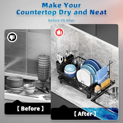 Dish Drying Rack, Stainless Steel-Dish Rack, Dish Racks for Kitchen Counter, Kitchen Dish Drainers with Removable Utensil Holder,New drain outlet,Plate Rack and Drainboard,(Black2 with Sponge Rack )