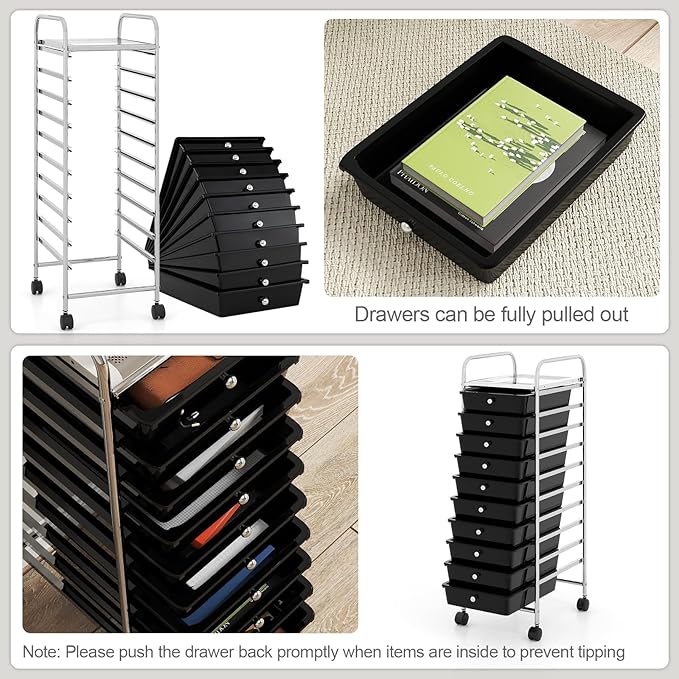 RELAX4LIFE 10-Drawer Rolling Storage Cart, Utility Cart with Metal Frame, Lockable Wheels & Removable Drawers, Multipurpose Art Craft Organizer for Home Office Classroom (Black)