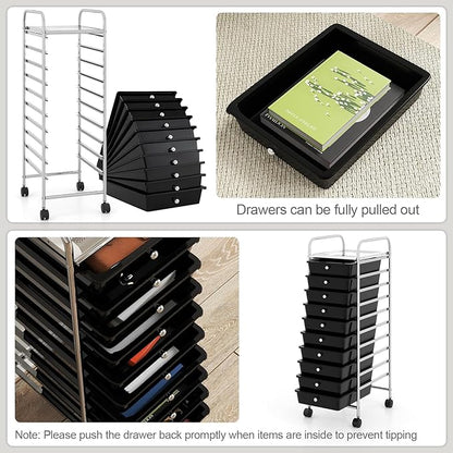 RELAX4LIFE 10-Drawer Rolling Storage Cart, Utility Cart with Metal Frame, Lockable Wheels & Removable Drawers, Multipurpose Art Craft Organizer for Home Office Classroom (Black)