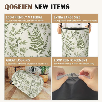 Sage Green Collapsible Laundry Baskets,Eucalyptus Leaves Laundry Hamper,Storage Basket with Handles for Bathroom Bedroom College Dormitory Living Room Nursery Organizer 16"x20"