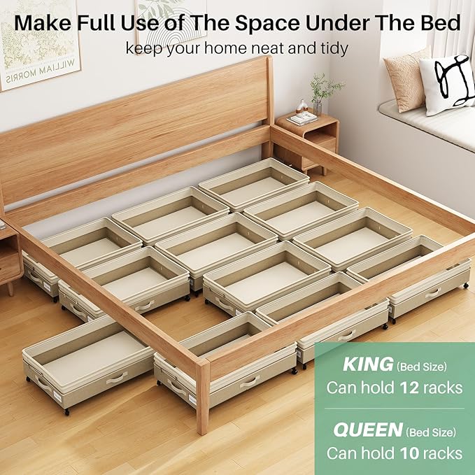 Kitstorack 2Pack Height-adjustable Under Bed Storage with Wheels, Under Bed Storage Containers,Under Bed Shoe Storage Organizer with Clear Window&Label, Suitable for Clothes Storage, Beige & Linen