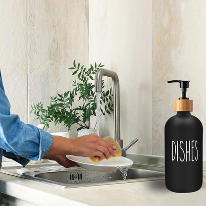 Sunrise Premium 16 OZ Thick Black Glass Soap Dispenser, Bamboo Pump with Tray 2 Pack, Hand and Dish Soap Dispenser Set for Bathroom with 6 Waterproof Labels