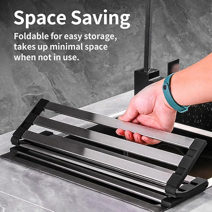 17.7" x 12.8" Roll-Up Dish Drying Rack Over Sink - Kitchen Sink Cover and Organizer Gadget with Foldable Stainless Steel Drainer and Sink Mat, Silver Dish Rack - Small