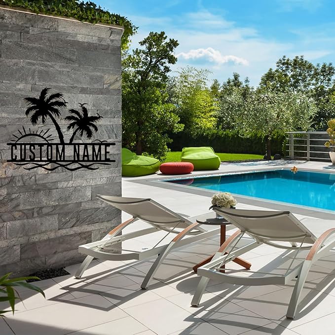 Personalized Backyard Pool Metal Sign Custom Sunshine Palm Tree Beach House Metal Wall Art Personalized Ocean Waves Pool Patio Decoration Birthday Family Pool Home décor Tree House Sign