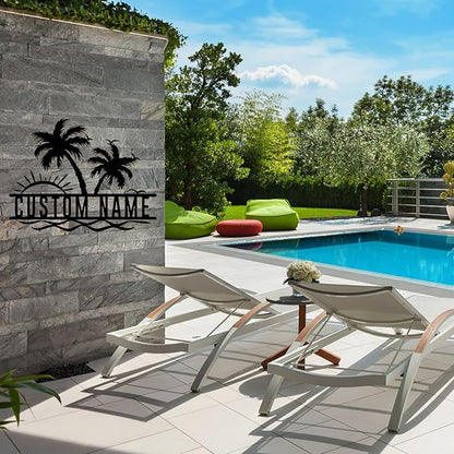 Personalized Backyard Pool Metal Sign Custom Sunshine Palm Tree Beach House Metal Wall Art Personalized Ocean Waves Pool Patio Decoration Birthday Family Pool Home décor Tree House Sign
