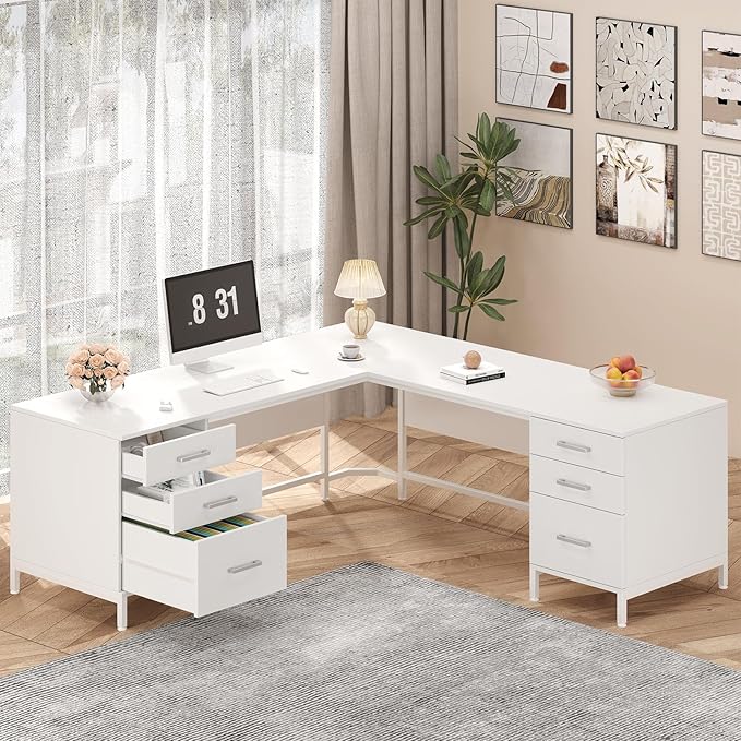 TVU 59’’ L Shaped Desk with 6 Wooden Drawers, Large Home Office Corner Computer Desk with Storage File Cabinet, Modern Metal Wood Desk for Executive Writing Study Workstation, White