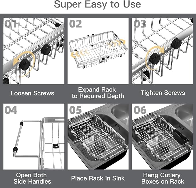 MAJALiS Dish Drying Rack Over The Sink, Expandable Stainless Steel Dish Drainer for Small Kitchen Counter Space Saving, RV Compact Plate Strainer In Silver Metal with Hanging Adjustable Utensil Holder