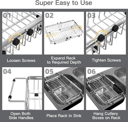 MAJALiS Dish Drying Rack Over The Sink, Expandable Stainless Steel Dish Drainer for Small Kitchen Counter Space Saving, RV Compact Plate Strainer In Silver Metal with Hanging Adjustable Utensil Holder
