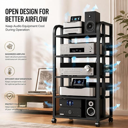 5-Tier Av Media Stand with Wheels, Audio Tower Rack with Adjustable Shelves, Stereo Racks and Stands with Storage Shelves, Media Console for Home, Office, Theater, Black