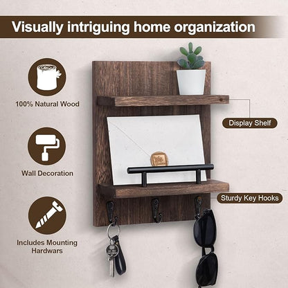 Key Holder Wall Mount, Mail Shelf Decor with 3 Key Hooks, Versatile Wood Wall Organizer for Entryway Hallway (8.2” x 10.6”x 3.6”) (Brown)