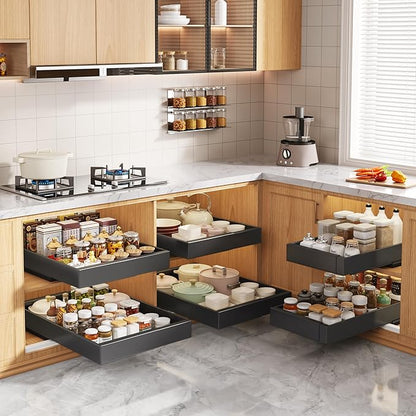 Seinloes 2 Pack Pull Out Cabinet Organizers 21" Deep With Raising Pad for Framed Cabinets, Expandable Width (9"-14") Slide Out Drawers Upgrade 3 Slide Rails, Roll Out Shelves Adhesive, Black