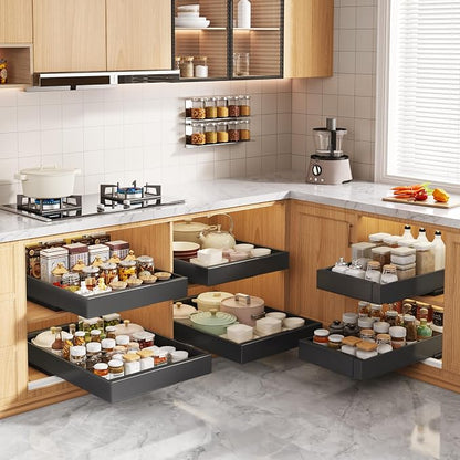 Seinloes 4 Pack Pull Out Cabinet Organizers 21" Deep With Raising Pad for Framed Cabinets, Expandable Width (9"-14") Slide Out Drawers Upgrade 3 Slide Rails, Roll Out Shelves Adhesive, Black