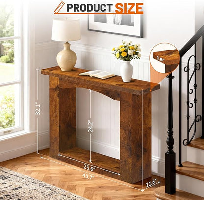 43 Inch Entryway Table U-Shaped Extension, 1.6 Inch Thick Desktop Wooden Console Table with Socket Farmhouse Sofa Table for Entrance, Hallway, Living Room,Behind Couch(Rustic Brown)