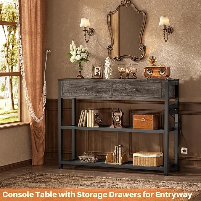 Ecoprsio Entryway Table with Outlets and USB Ports, Small Console Table with 2 Drawers, Sofa Table with Storage Shelves for Living Room, Couch, Hallway, Foyer, Kitchen Counter, 32'', Grey Oak
