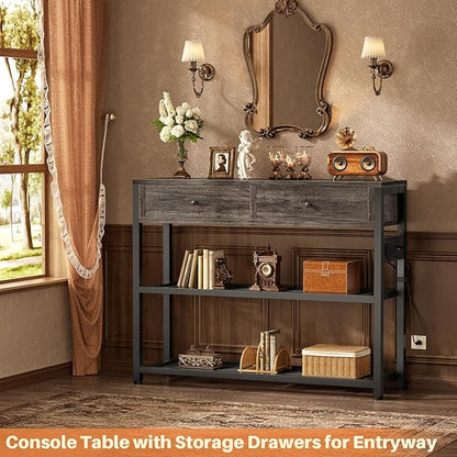 Ecoprsio Entryway Table with Outlets and USB Ports, Small Console Table with 2 Drawers, Sofa Table with Storage Shelves for Living Room, Couch, Hallway, Foyer, Kitchen Counter, 32'', Grey Oak
