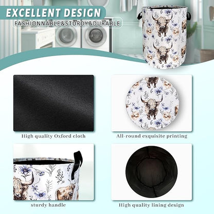 Watercolor Highland Cow Laundry Hamper With Handles Foldable Oxford Cloth Purple Flower Tote Bag Cows Laundry Basket Clothes Toy Storage Bucket 18.9" x 16.5"For Bathroom/Laundry/Bedroom
