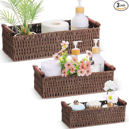 Boao 3 Pcs Boho Storage Wicker Baskets Handmade Woven Decorative Paper Rope Baskets for Organizing with Handle Countertop Toilet Paper Storage Container for Toilet Tank Top(Brown,Rectangle)