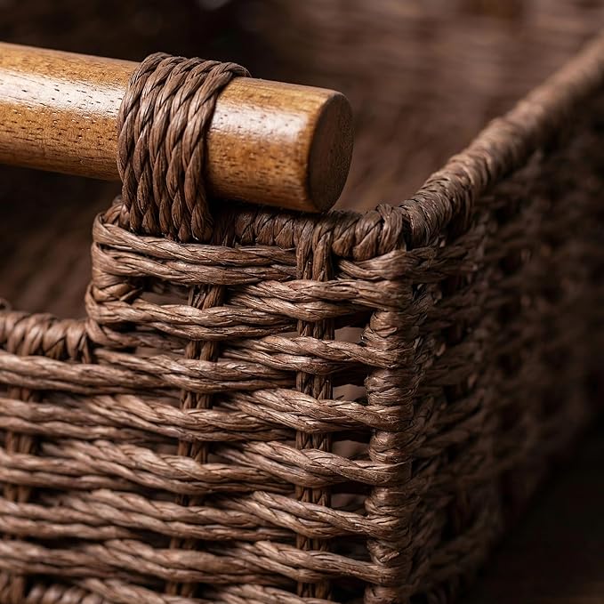 Brown Toilet Basket for Toilet Paper, Wicker Storage Basket with Wooden Handles, Handwoven Paper Rope Toilet Tank Basket, Decorative Basket for Toilet Countertop, Bathroom Baskets for Organizing