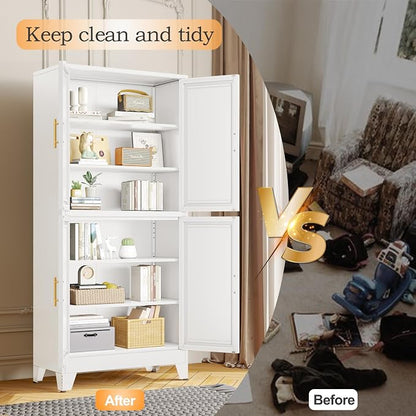 GAIOUS 75.2" Tall Metal Pantry Cabinet, Kitchen Pantry Storage Cabinets with 4 Door and 4 Adjustable Shelves, White Storage Cabinet, Freestanding Cupboard for Kitchen Dining Room Living Room Bathroom
