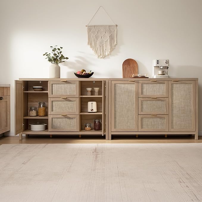 SICOTAS Rattan Large Sideboard Buffet Cabinet with Storage - Boho Coffee Bar Storage Cabinet with 3 Drawers and 2 Doors, Console Table Credenza for Living Room, Kitchen, Hallway, Light Oak (2 Pieces)