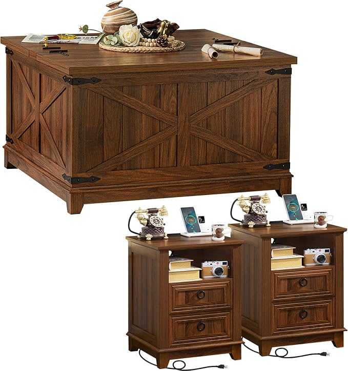 Farmhouse Coffee Table Set of 3, Furniture Set with Charging Station, Coffee Table with Hidden Storage Organizer and Nightsand 3-piece set, Country Center Table Set for Living Room,Office, Home