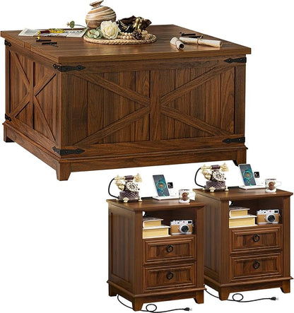 Farmhouse Coffee Table Set of 3, Furniture Set with Charging Station, Coffee Table with Hidden Storage Organizer and Nightsand 3-piece set, Country Center Table Set for Living Room,Office, Home