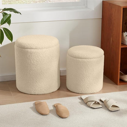 Royal Windsor Boucle Round Ottoman with Storage Set of 2,Small Foot Stool Ottoman for Living Room, Small Coffee Table,Vanity Stool with Storage for Bedroom, Beige