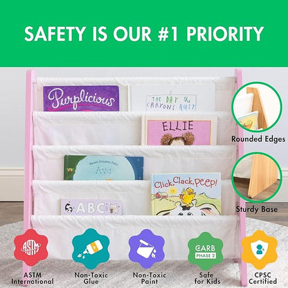 Humble Crew 4-Tier Kids Bookshelf, Pink/White - Premium Book Shelf for Kids Rooms with Four Deep Pockets - Toddler Sling Book Rack with Deep Sleeves, Nursery Bookcase Organize
