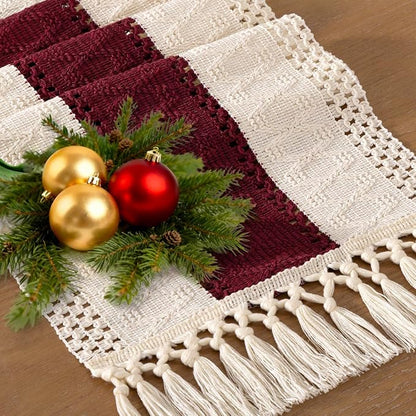 Socomi Boho Table Runner Macrame Long Valentine's Day Farmhouse Woven Cotton Linen Rustic Coffee Table Runner with Tassels for Dresser Scarf Home Decor Dining Room 12x108 in Burgundy Ivory