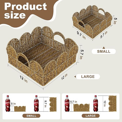 Scalloped Resin Wicker Basket: Set of 2 Water- Resistant Bath Organizers for Towel - Boho & Farmhouse Aesthetics