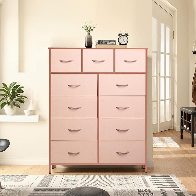 Tall Console Table with 11 Fabric Drawers, Entryway Table with Storage, Tall Storage Organizer with Wood Top, Steel Frame for Living Room, Hallway, Office, Pink