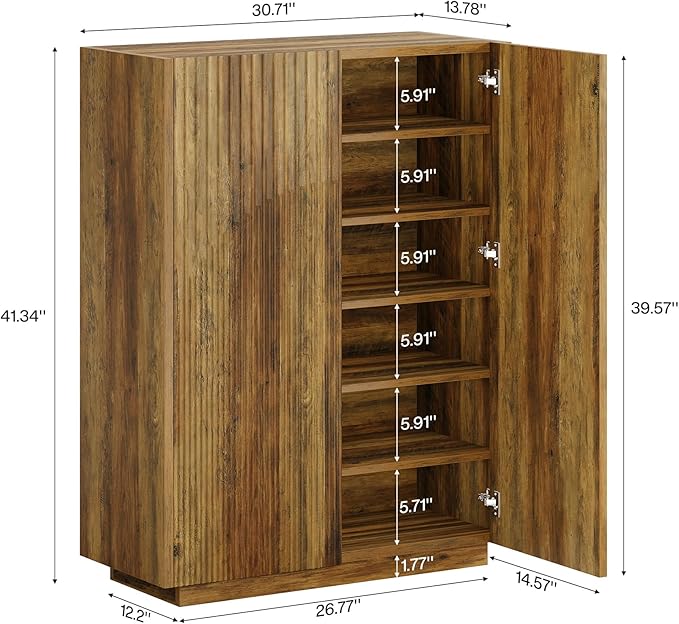 Tribesigns 7-Tier Shoe Cabinet with Fluted Doors, Farmhouse Wooden Shoe Storage Organizer with Adjustable Shelves, 24 Pairs Freestanding Shoe Rack for Entryway, Hallway, Closet, Rustic Brown