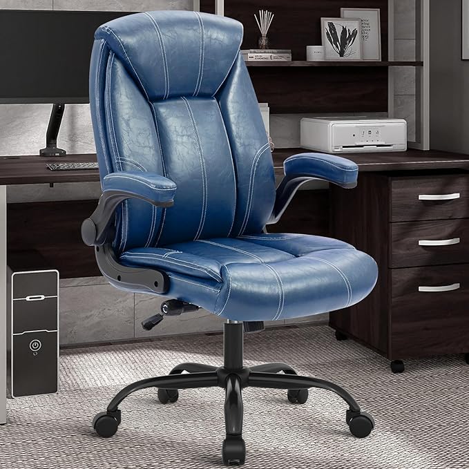 YAMASORO Executive Office Chair,Big and Tall Ergonomic Desk Chair with Adjustable Lumbar Support,Breathable PU Leather Computer Chair wih Flip-up Arms and Wheels,Navy Blue