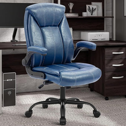 YAMASORO Executive Office Chair,Big and Tall Ergonomic Desk Chair with Adjustable Lumbar Support,Breathable PU Leather Computer Chair wih Flip-up Arms and Wheels,Navy Blue