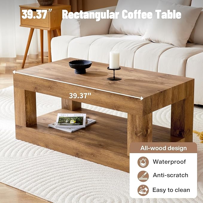 LKTART 39.37" Coffee Table with Storage, 2-Tier Mid Century Rectangular Accent Table with Thick Tabletop, Rustic Style Cocktail, Center Table for Living Room, Office, Apartment (Natural Wood)