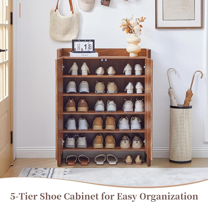 Fluted Shoe Cabinet, 5-Tier Shoe Storage Cabinet with Doors,Freestanding Hidden Shoe Cabinet Organizer, Narrow Shoes Storage Rack for Entryway (Walnut)