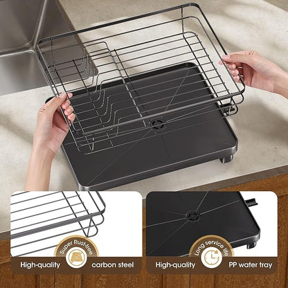 Runnatal Dish Drying Rack, Stainless Steel Dish Rack with Drainboard for Kitchen Counter and Sink, Large Capacity Dish Drainer, Detachable 2-in-1 Utensil Holder, Cup Holder, Black